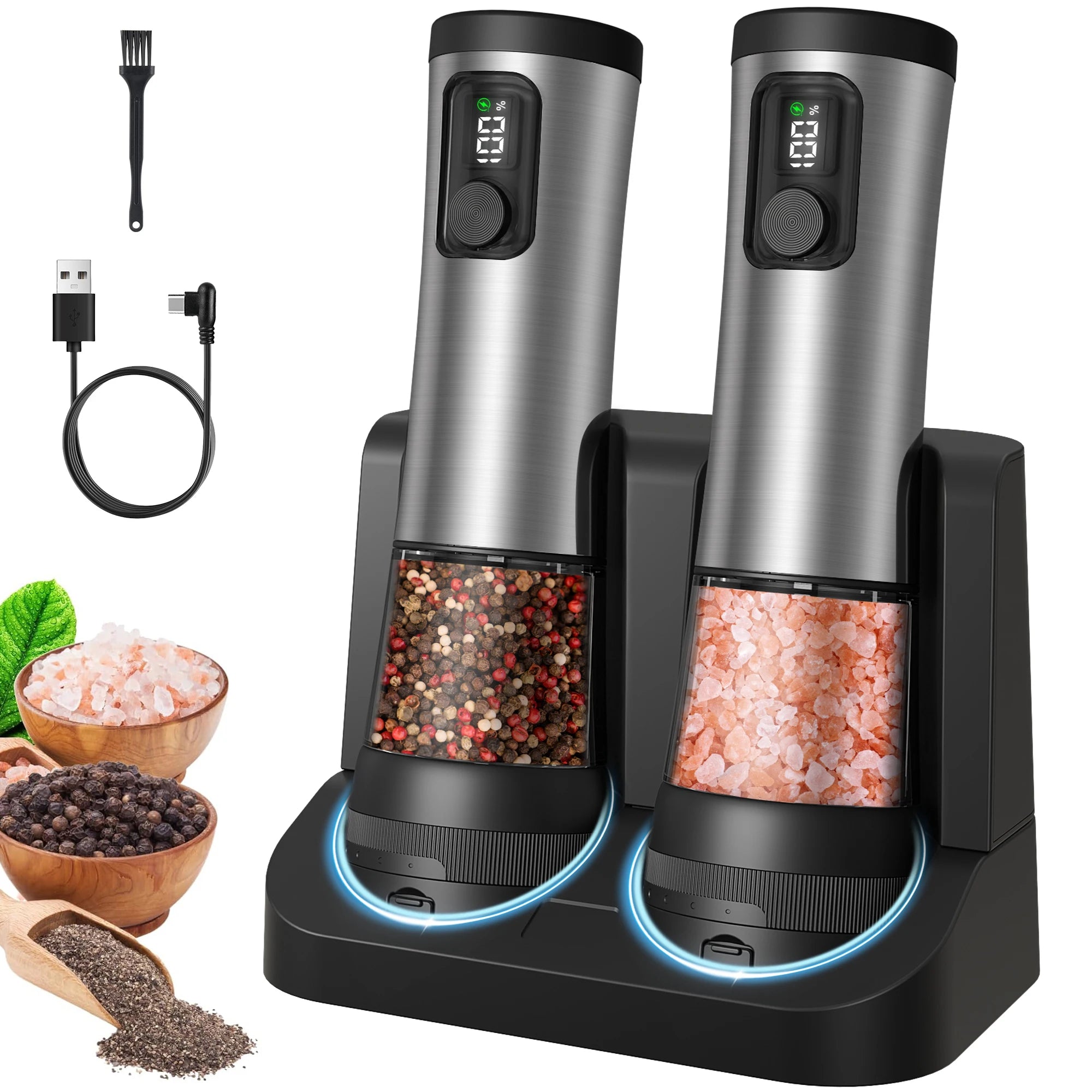 US STOCK Electric Salt and Pepper Grinder Set  Rechargeable Auto Pepper Mill Shakers with Adjustable Coarseness 2 Speed Setting