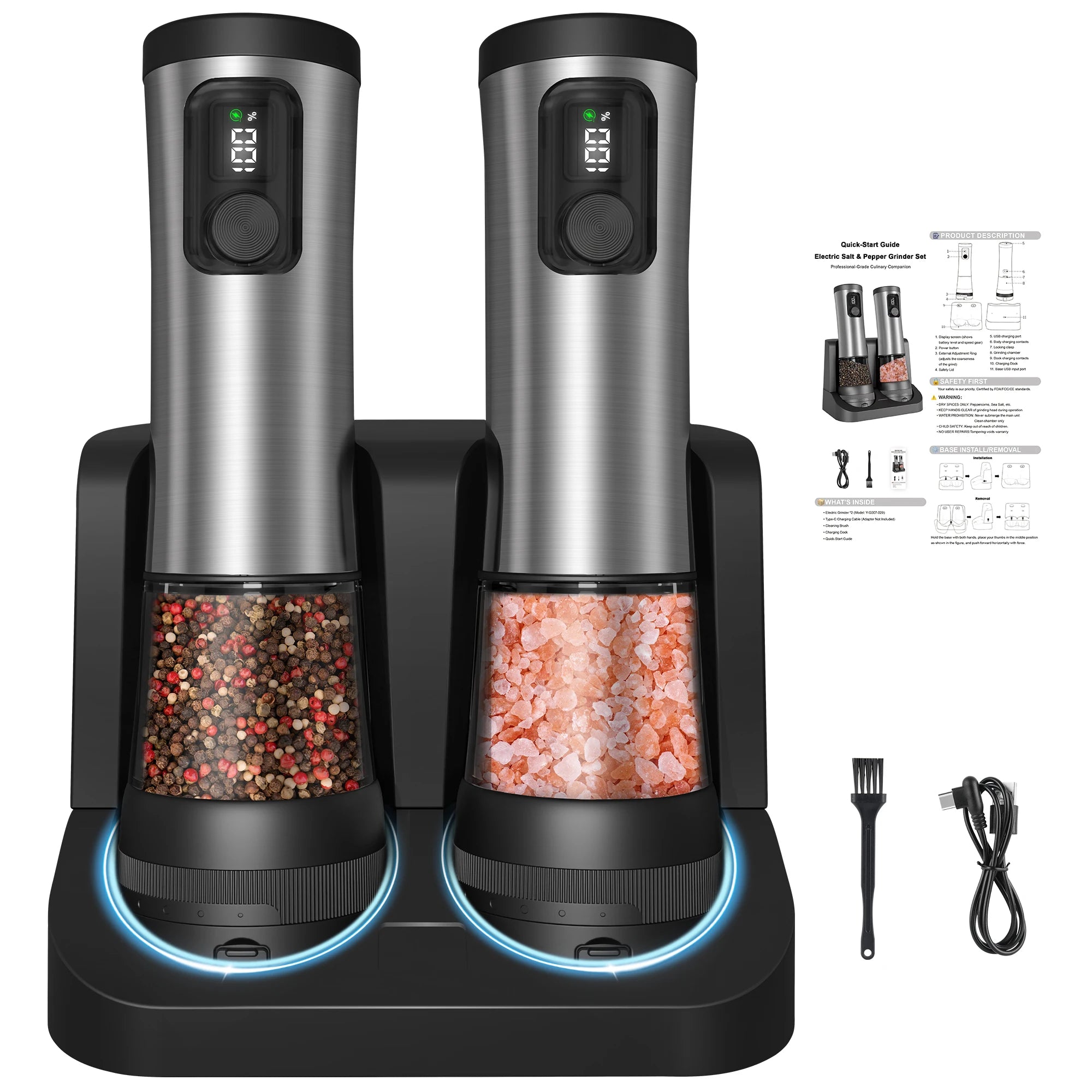 US STOCK Electric Salt and Pepper Grinder Set  Rechargeable Auto Pepper Mill Shakers with Adjustable Coarseness 2 Speed Setting