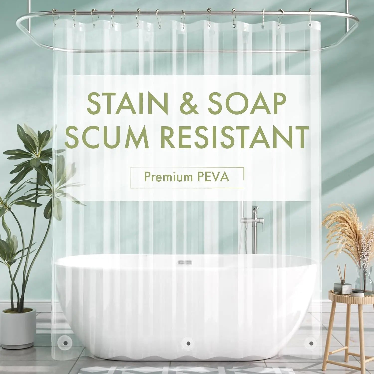 Transparent PEVA Shower Curtain – Waterproof with Magnetic Weights, Stain-Resistant and 12 Rustproof Eyelets