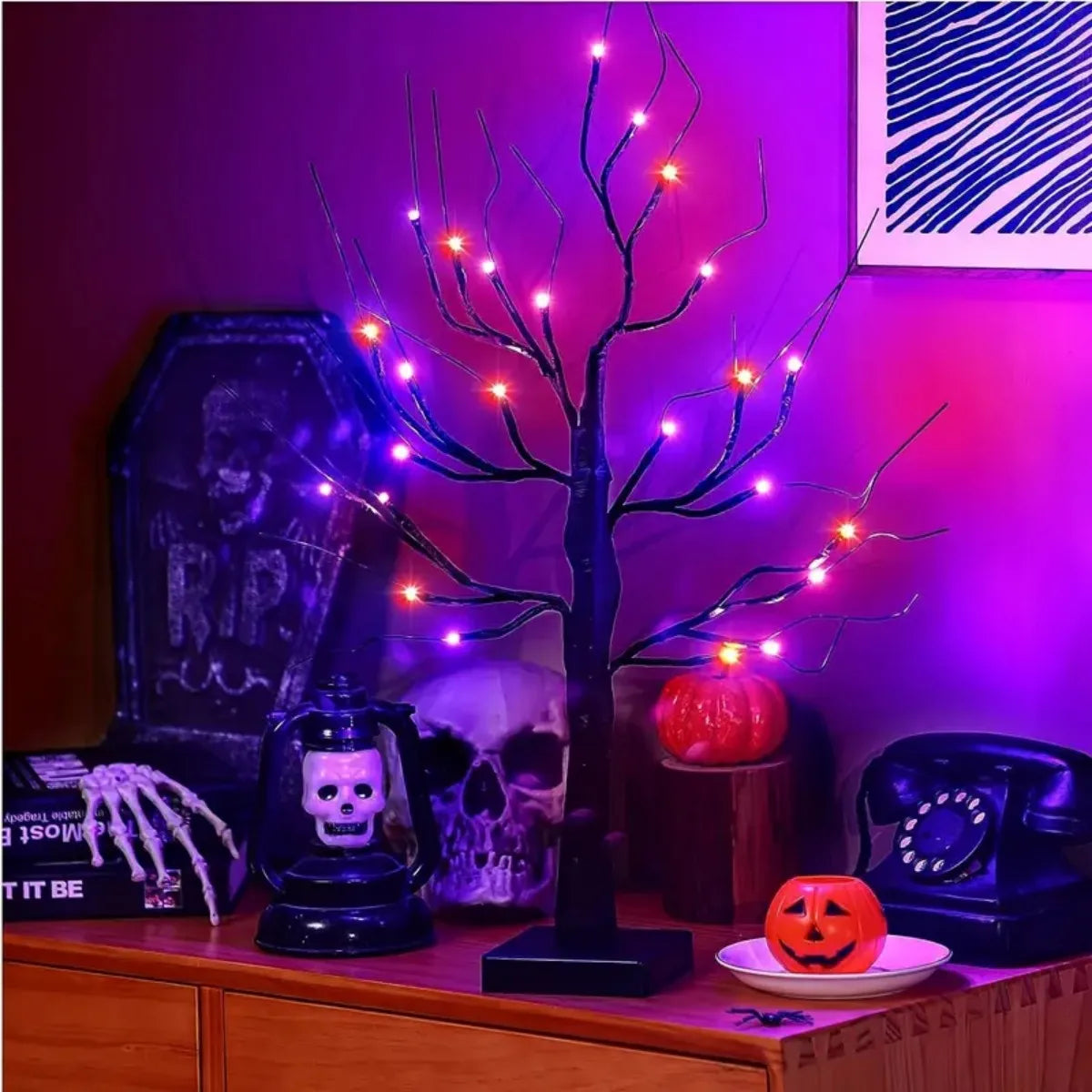 Halloween LED Birkenbaum Licht – 24 LEDs, Orange & Lila, Batteriebetrieben, Tischdeko