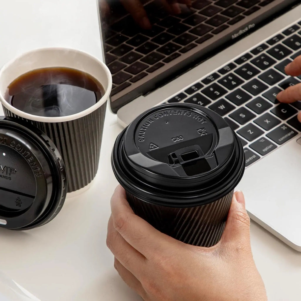 12OZ Black Disposable Coffee Cups with Lids, Ripple, Triple Wall To Go, Hot Cups, Insulated Paper Cups for Hot Drinks, Home Office