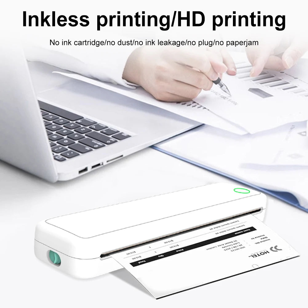 New Portable Mini A4 Printer Inkless Printing, A4 Thermal Printer for Phone, PC, Tattoo Transfer Printer or 5pcs Thermal Paper Rolls