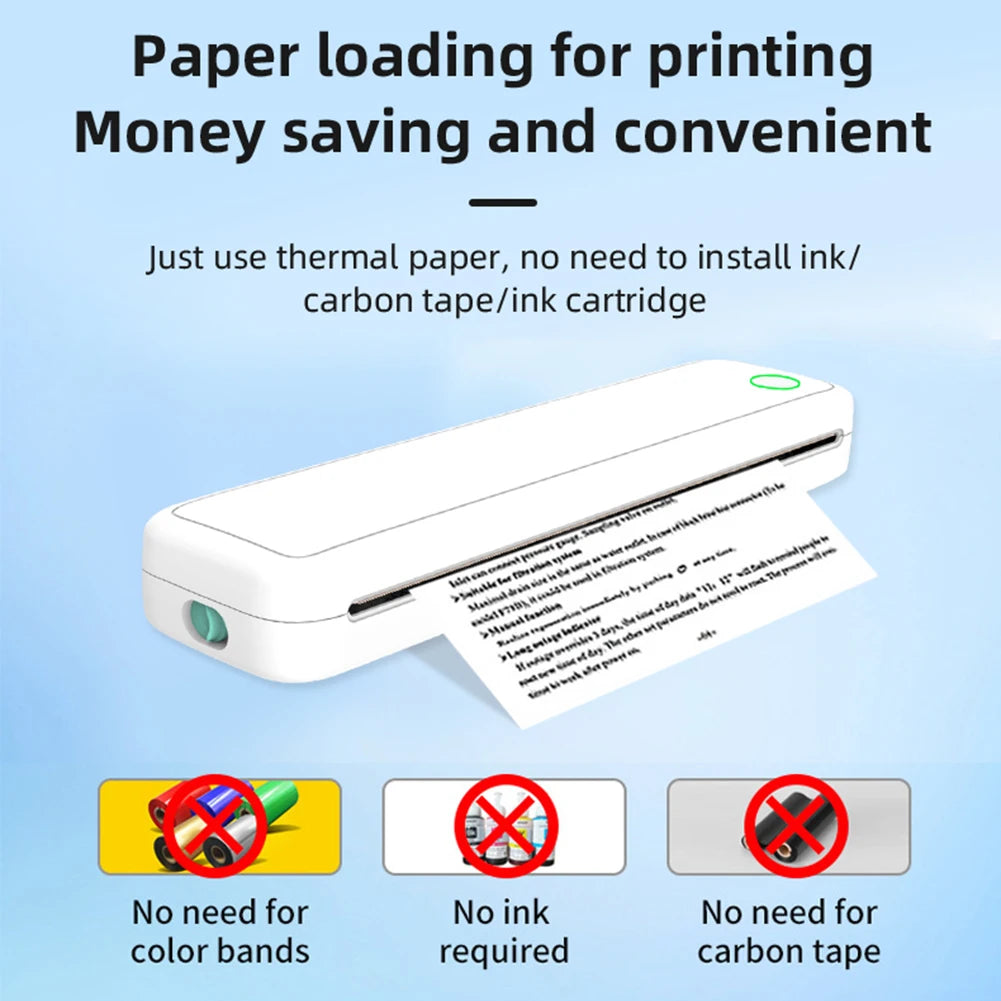 New Portable Mini A4 Printer Inkless Printing, A4 Thermal Printer for Phone, PC, Tattoo Transfer Printer or 5pcs Thermal Paper Rolls