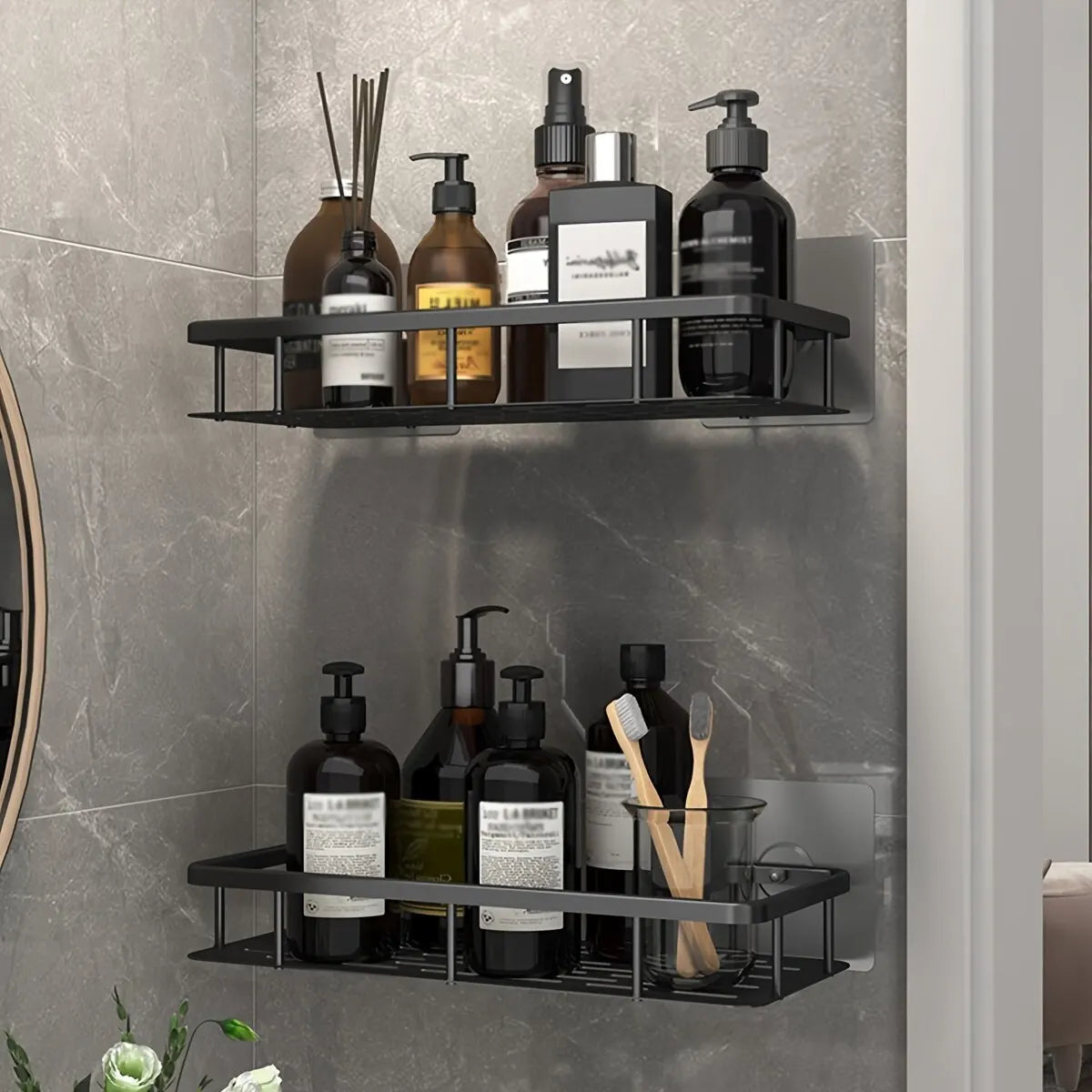 Duscheckregal ohne Bohren – Aluminium Wandregal für Bad, Shampoo & Zubehör | Schwarz & Silber