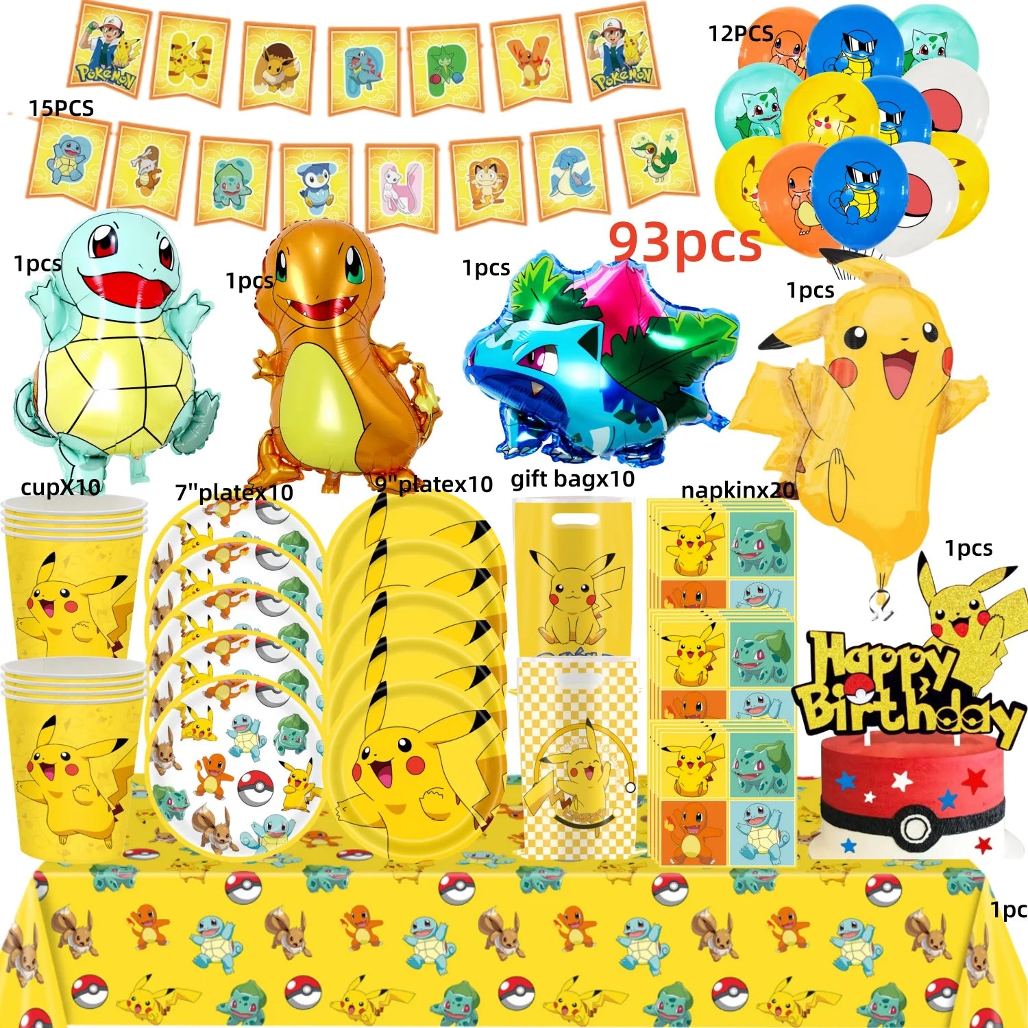 Pokémon Party Set – Pikachu Partygeschirr mit Tellern, Bechern, Servietten & Deko