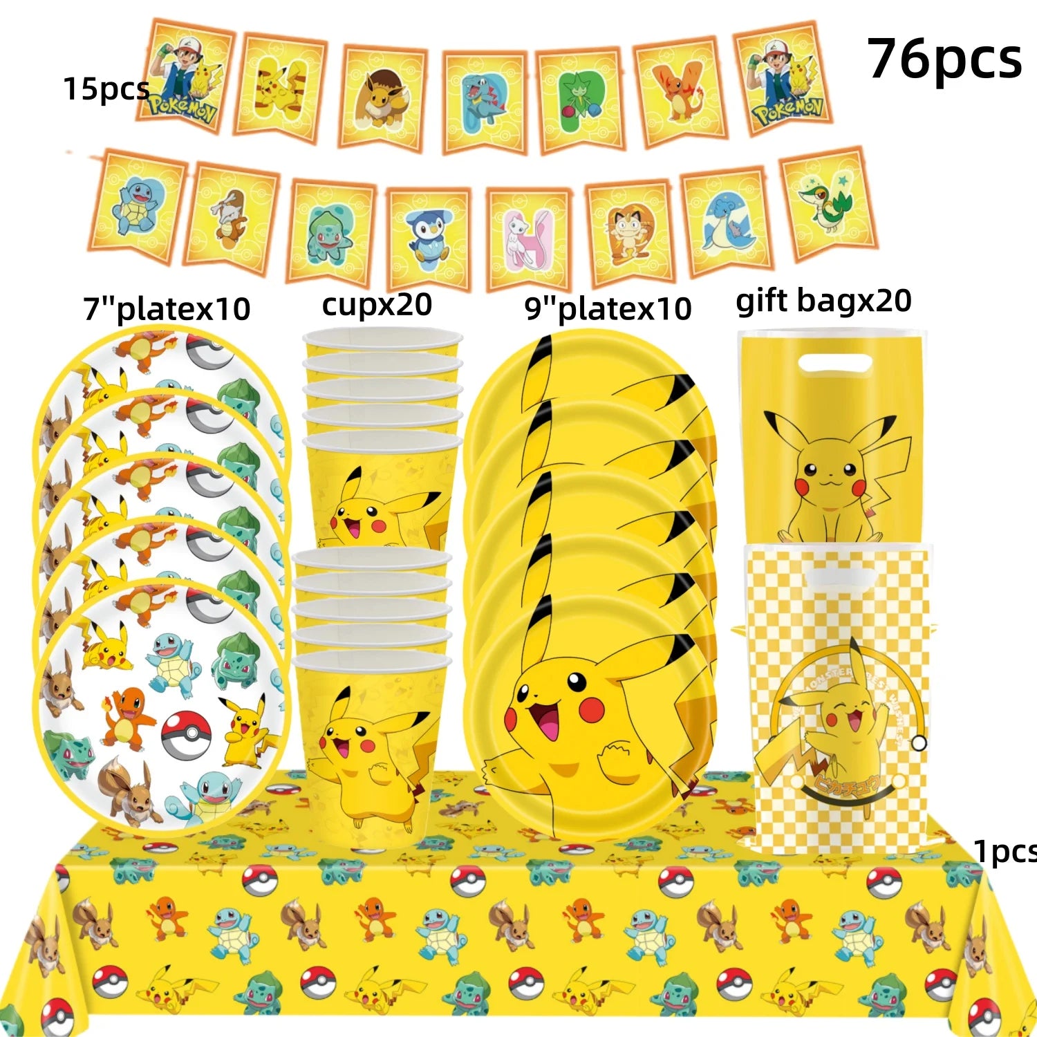Pokémon Party Set – Pikachu Partygeschirr mit Tellern, Bechern, Servietten & Deko
