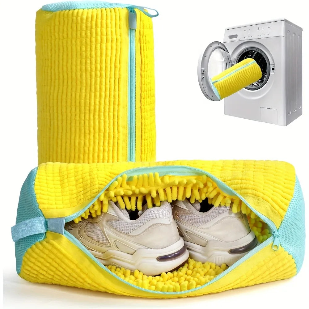 1 piece durable shoe washing machine bag for all shoe types - yellow with blue zipper, oval laundry bag with rich lint I