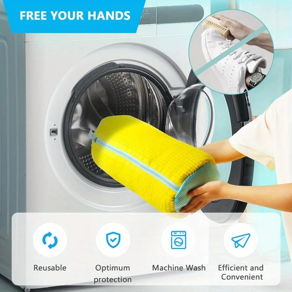 1 piece durable shoe washing machine bag for all shoe types - yellow with blue zipper, oval laundry bag with rich lint I