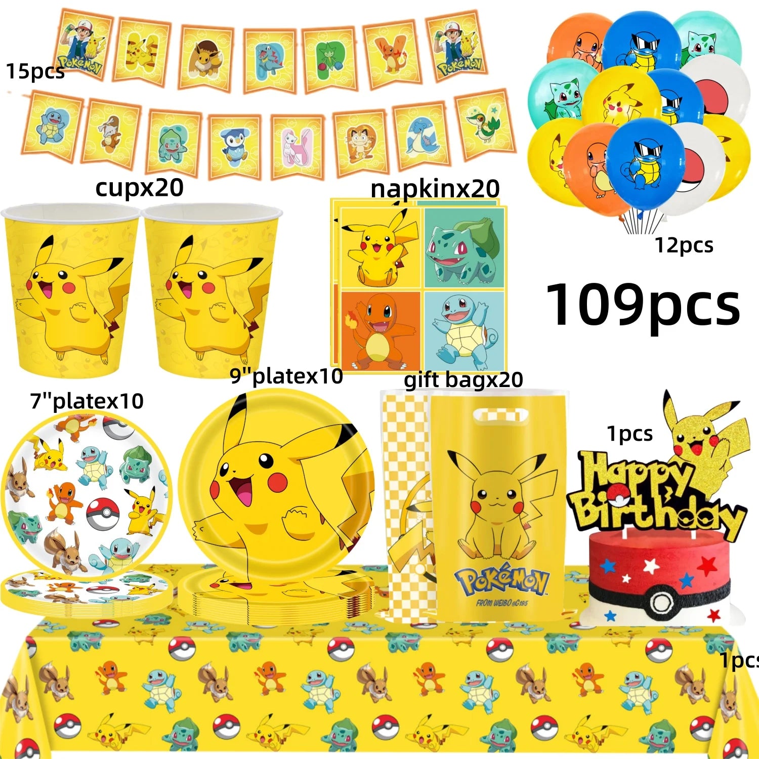 Pokémon Party Set – Pikachu Partygeschirr mit Tellern, Bechern, Servietten & Deko