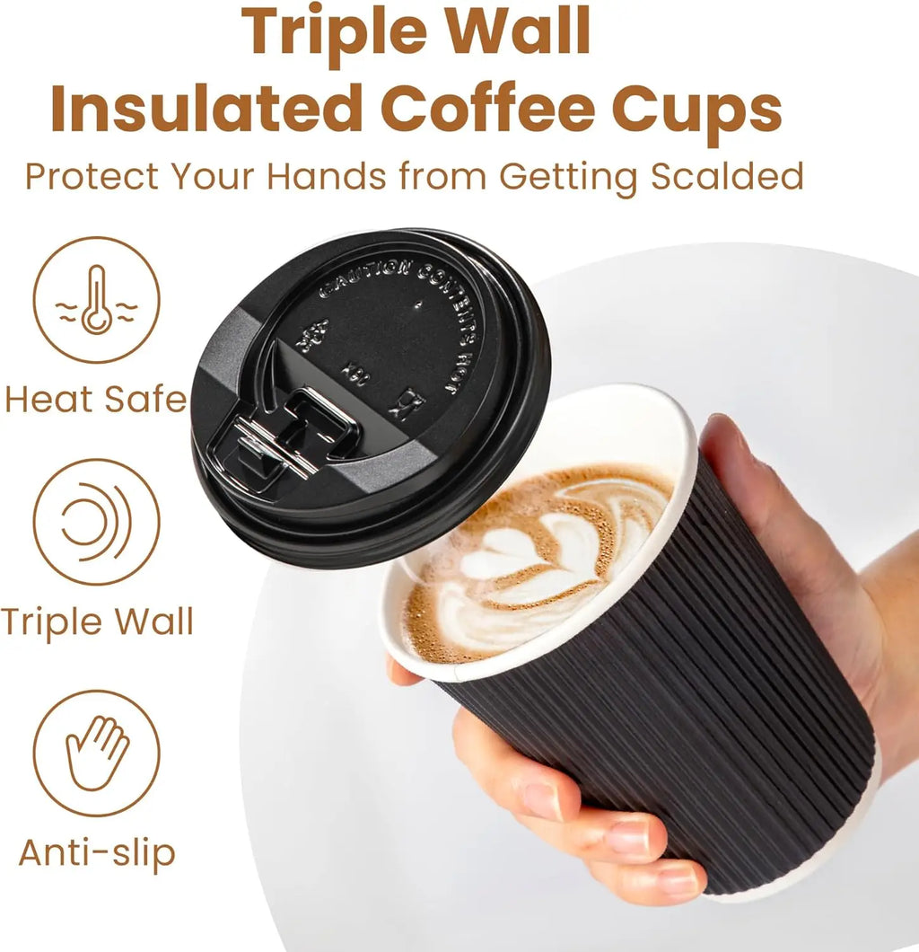 12OZ Black Disposable Coffee Cups with Lids, Ripple, Triple Wall To Go, Hot Cups, Insulated Paper Cups for Hot Drinks, Home Office