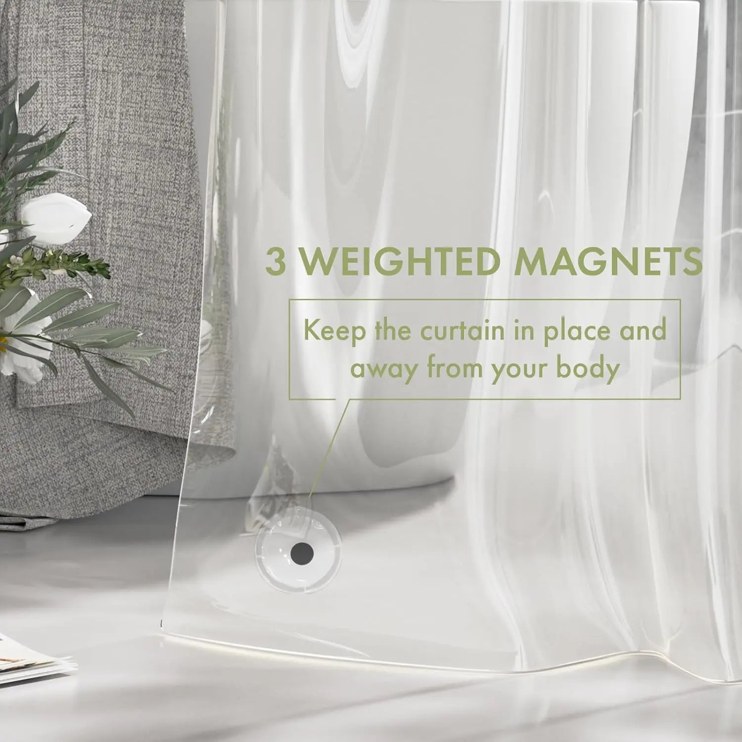 Transparent PEVA Shower Curtain – Waterproof with Magnetic Weights, Stain-Resistant and 12 Rustproof Eyelets