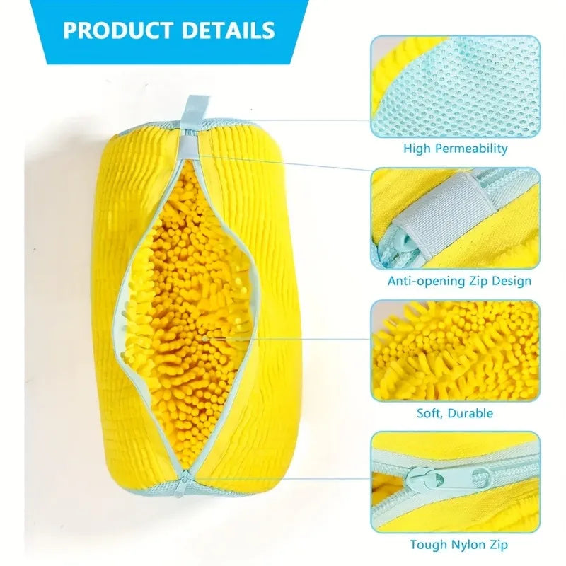 1 piece durable shoe washing machine bag for all shoe types - yellow with blue zipper, oval laundry bag with rich lint I