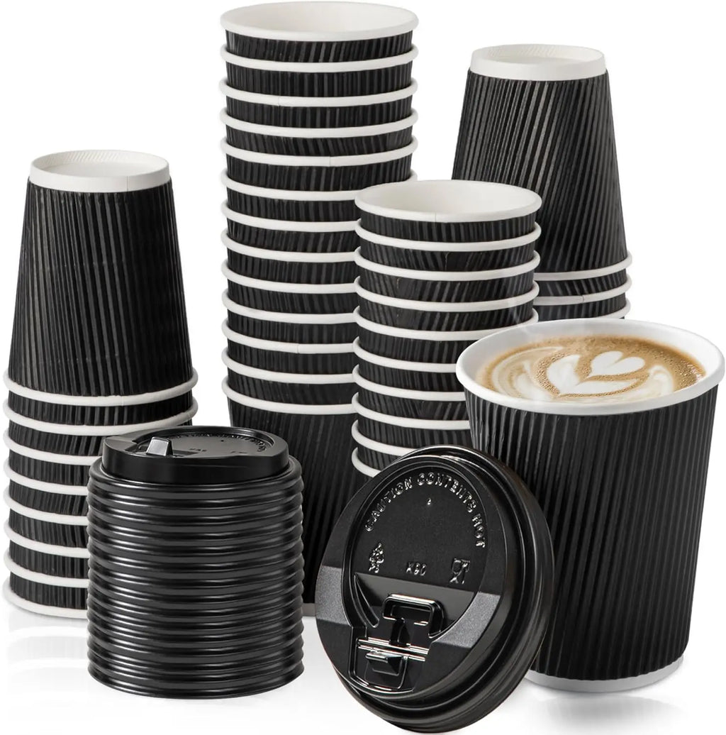 12OZ Black Disposable Coffee Cups with Lids, Ripple, Triple Wall To Go, Hot Cups, Insulated Paper Cups for Hot Drinks, Home Office
