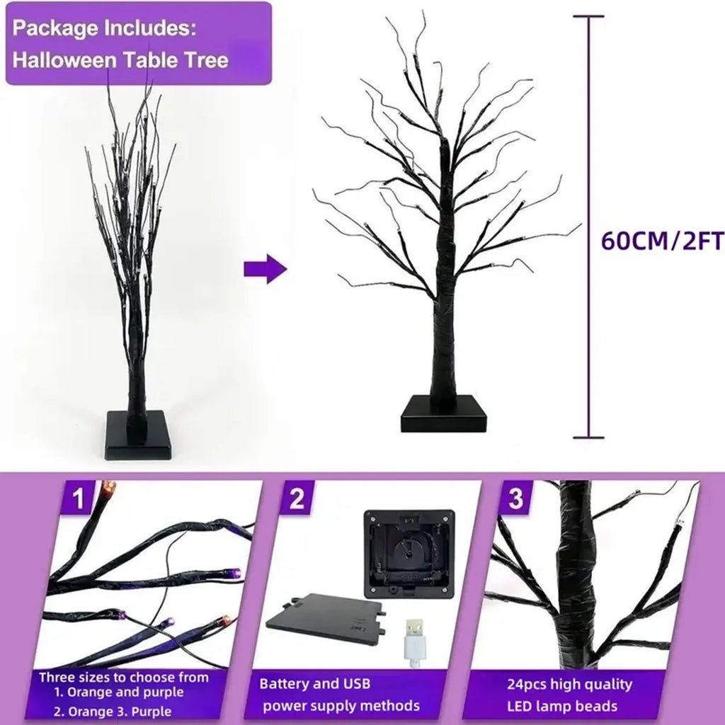 1 Piece 24 LED Orange and Purple Lighted Halloween Artificial Birch Tree Light DIY Black Twig Lights Tabletop Halloween Spooky