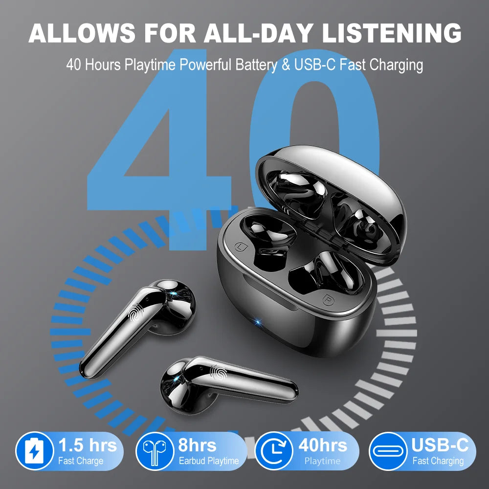 Kabellose Ohrhörer Bluetooth 5.3 – HiFi Stereo, 4 Mikrofone, Touch Control, 40h Akku