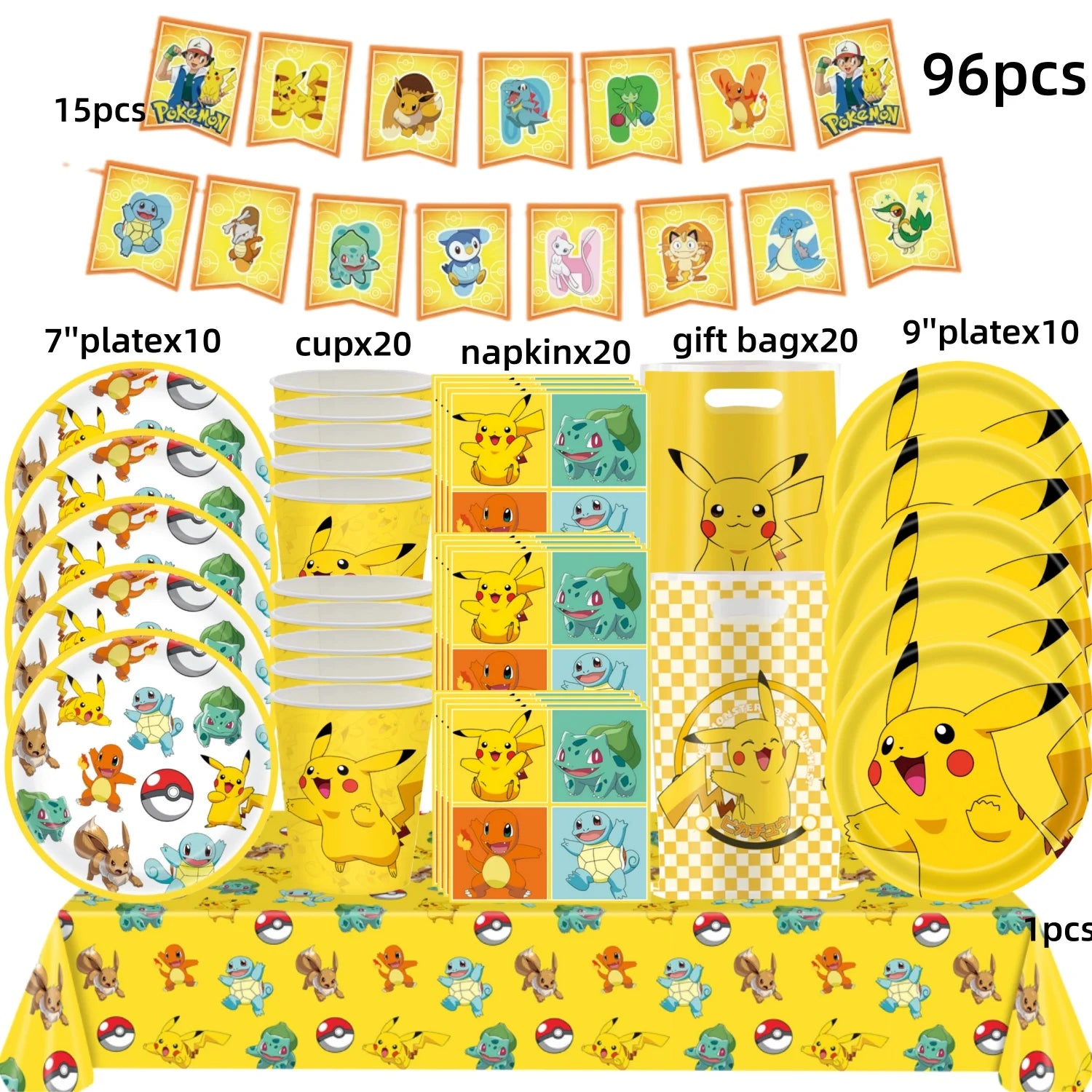 Pokémon Party Set – Pikachu Partygeschirr mit Tellern, Bechern, Servietten & Deko