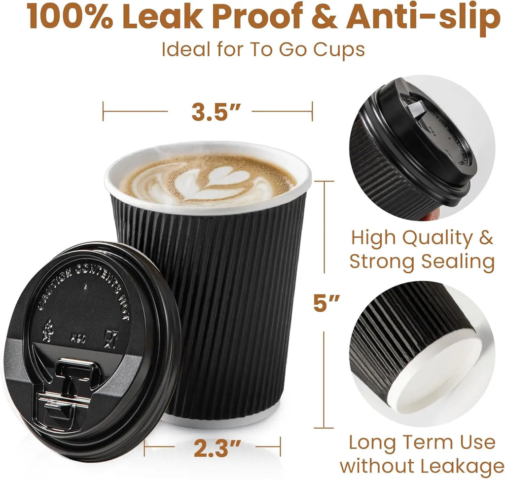 12OZ Black Disposable Coffee Cups with Lids, Ripple, Triple Wall To Go, Hot Cups, Insulated Paper Cups for Hot Drinks, Home Office