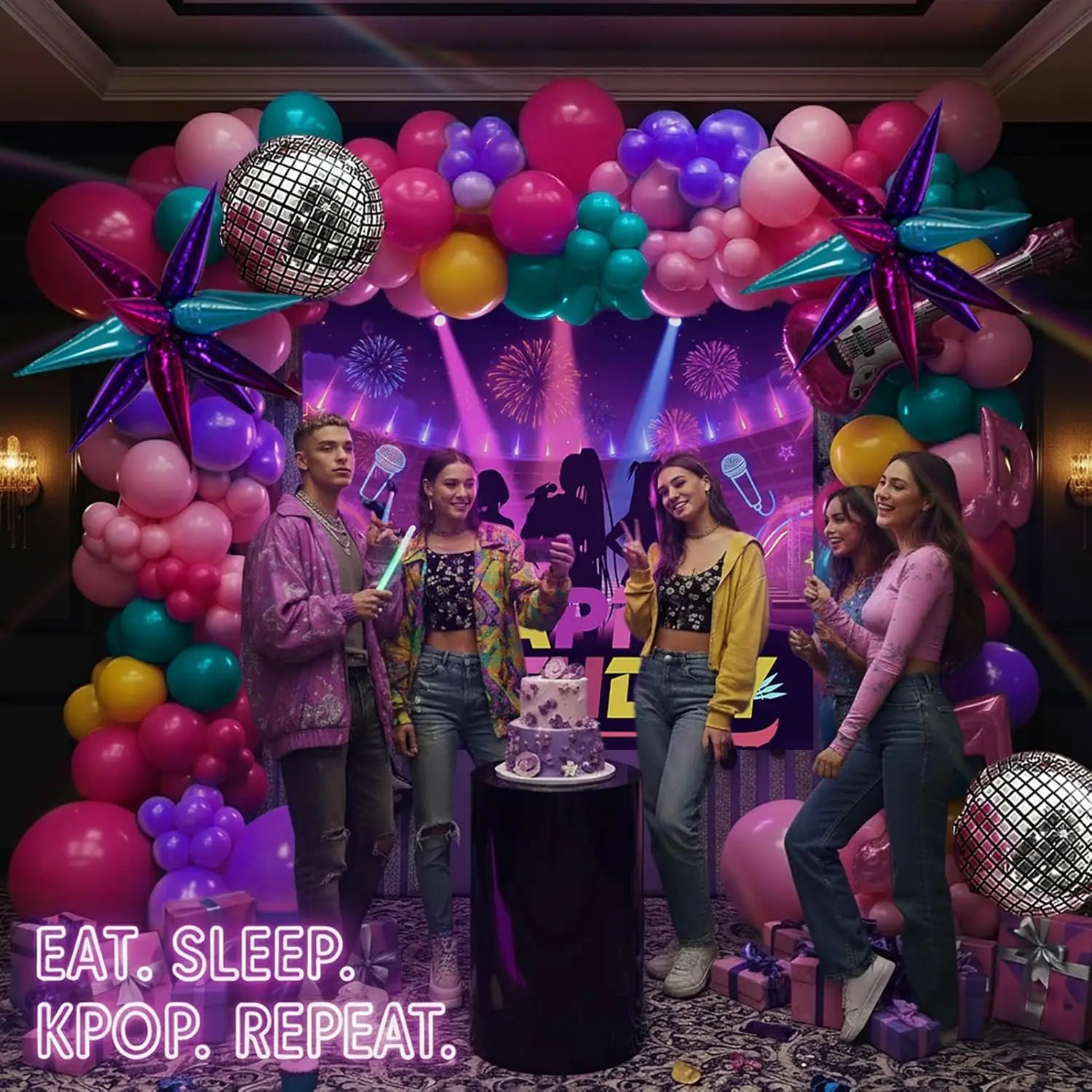 Kpop Geburtstagsdeko Set 139-teilig – Ballons, Sterne & Disco | Rosa, Lila & Türkis