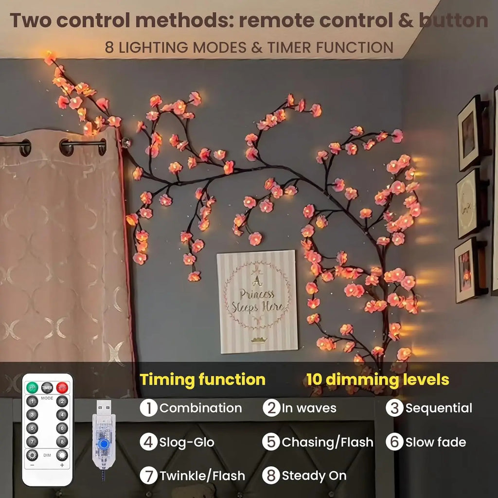 LED Kirschblüten Lichterzweig – Dekorative Wanddeko für Innenräume, USB-betrieben
