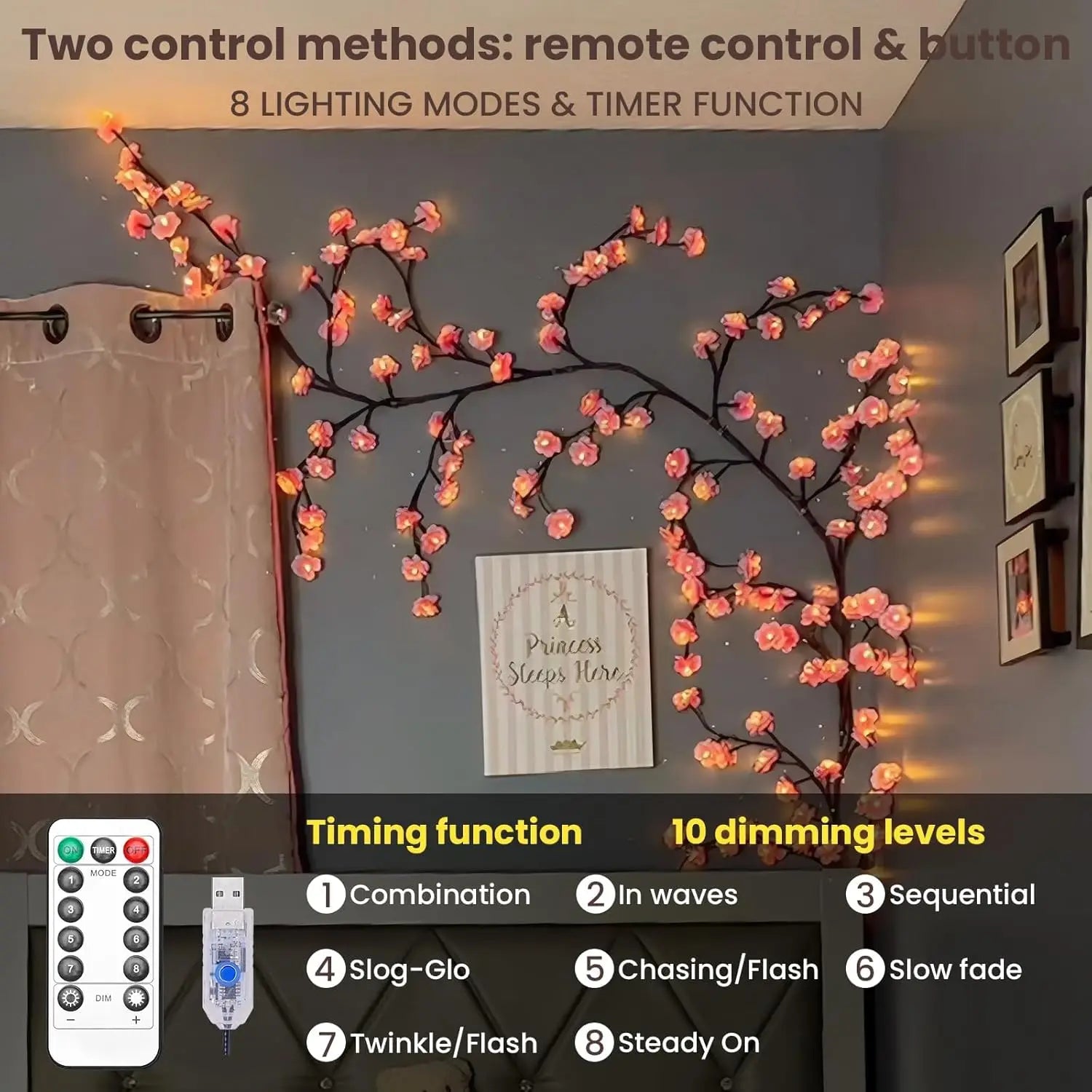 LED Kirschblüten Lichterzweig – Dekorative Wanddeko für Innenräume, USB-betrieben