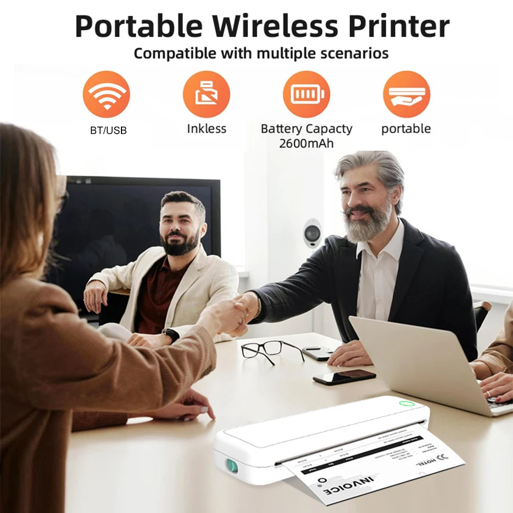 New Portable Mini A4 Printer Inkless Printing, A4 Thermal Printer for Phone, PC, Tattoo Transfer Printer or 5pcs Thermal Paper Rolls