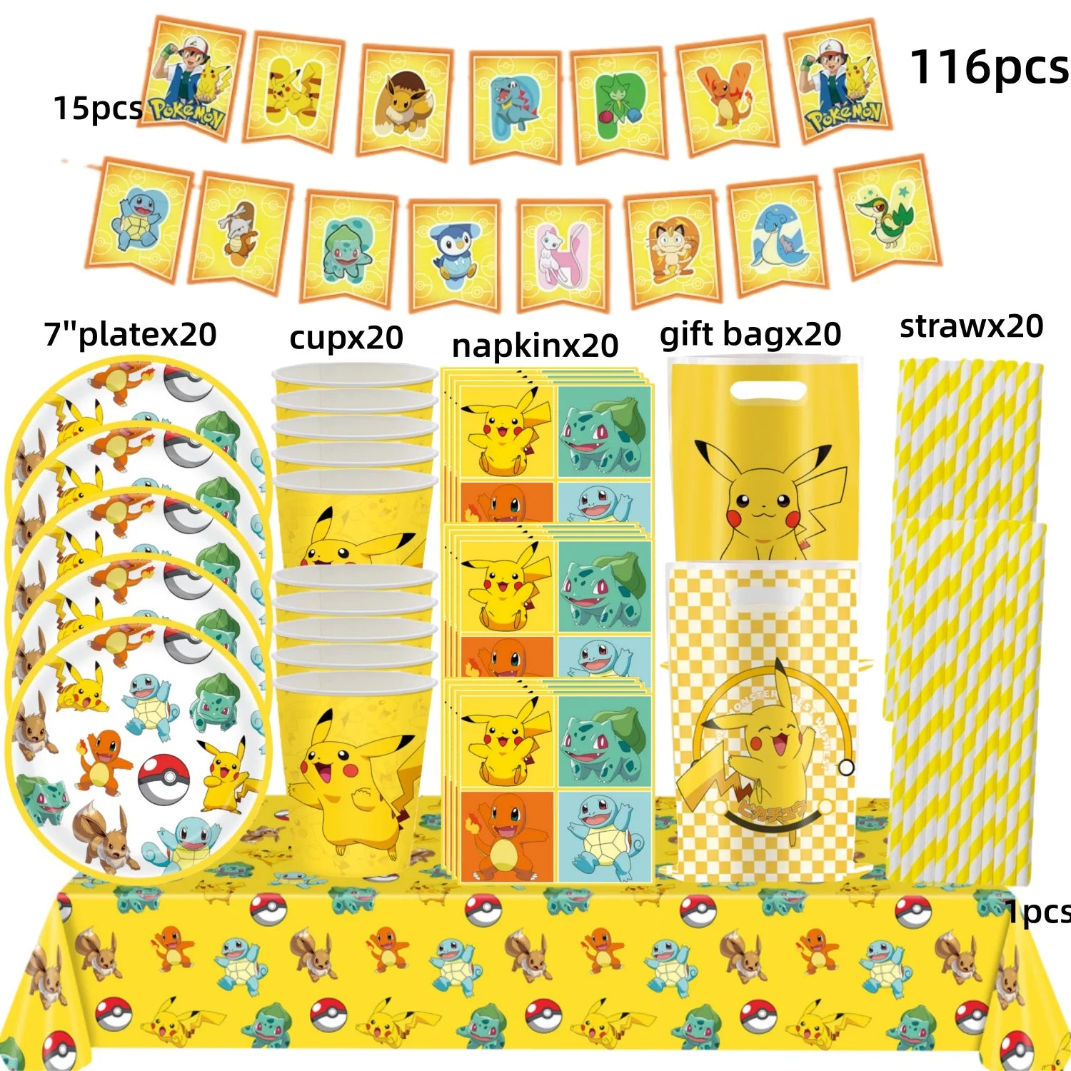 Pokémon Party Set – Pikachu Partygeschirr mit Tellern, Bechern, Servietten & Deko