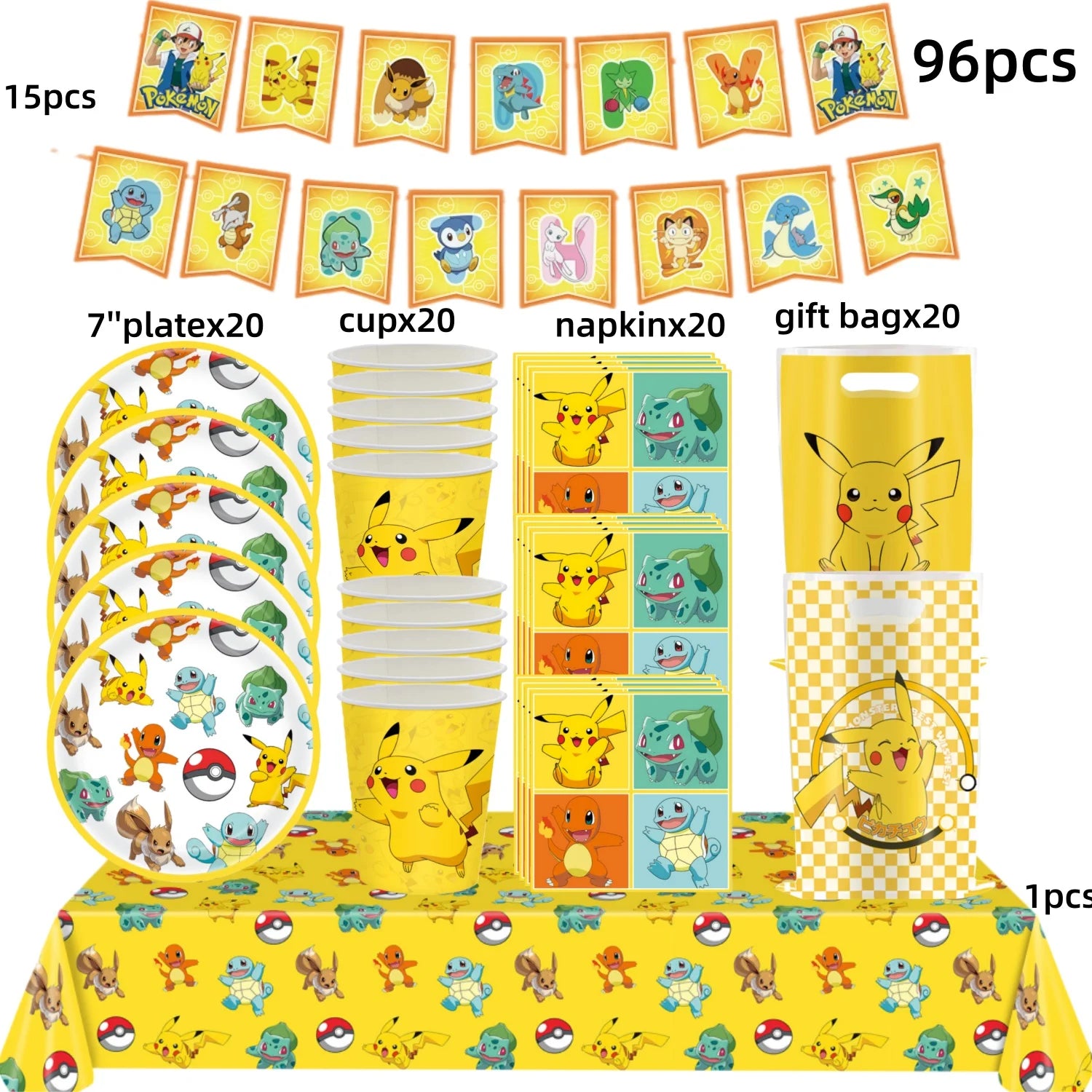 Pokémon Party Set – Pikachu Partygeschirr mit Tellern, Bechern, Servietten & Deko