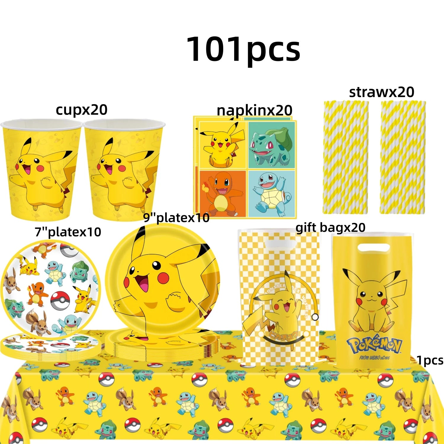 Pokémon Party Set – Pikachu Partygeschirr mit Tellern, Bechern, Servietten & Deko