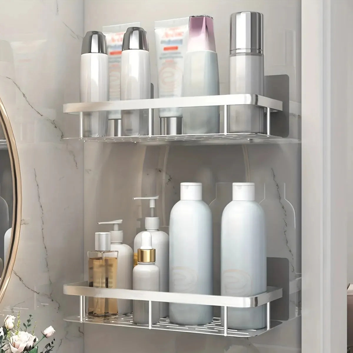 Duscheckregal ohne Bohren – Aluminium Wandregal für Bad, Shampoo & Zubehör | Schwarz & Silber