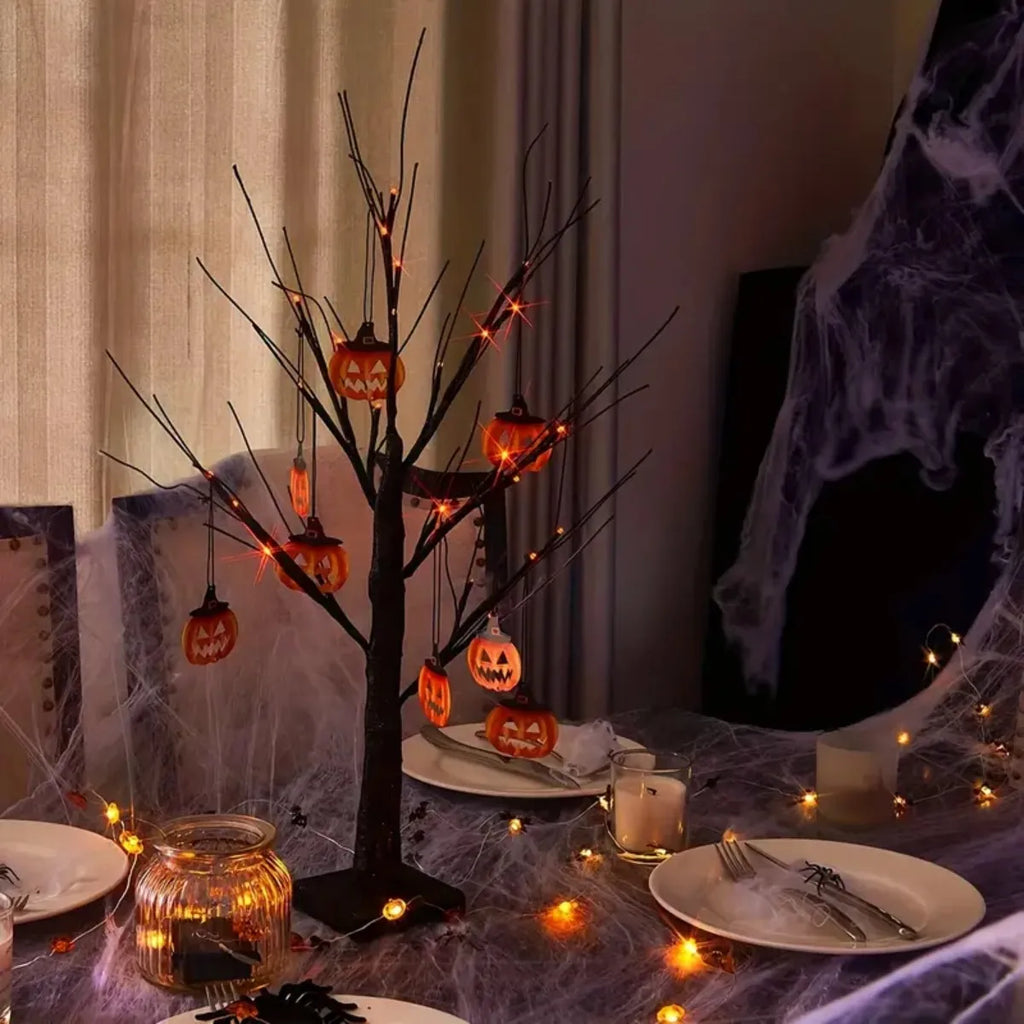 1 Piece 24 LED Orange and Purple Lighted Halloween Artificial Birch Tree Light DIY Black Twig Lights Tabletop Halloween Spooky