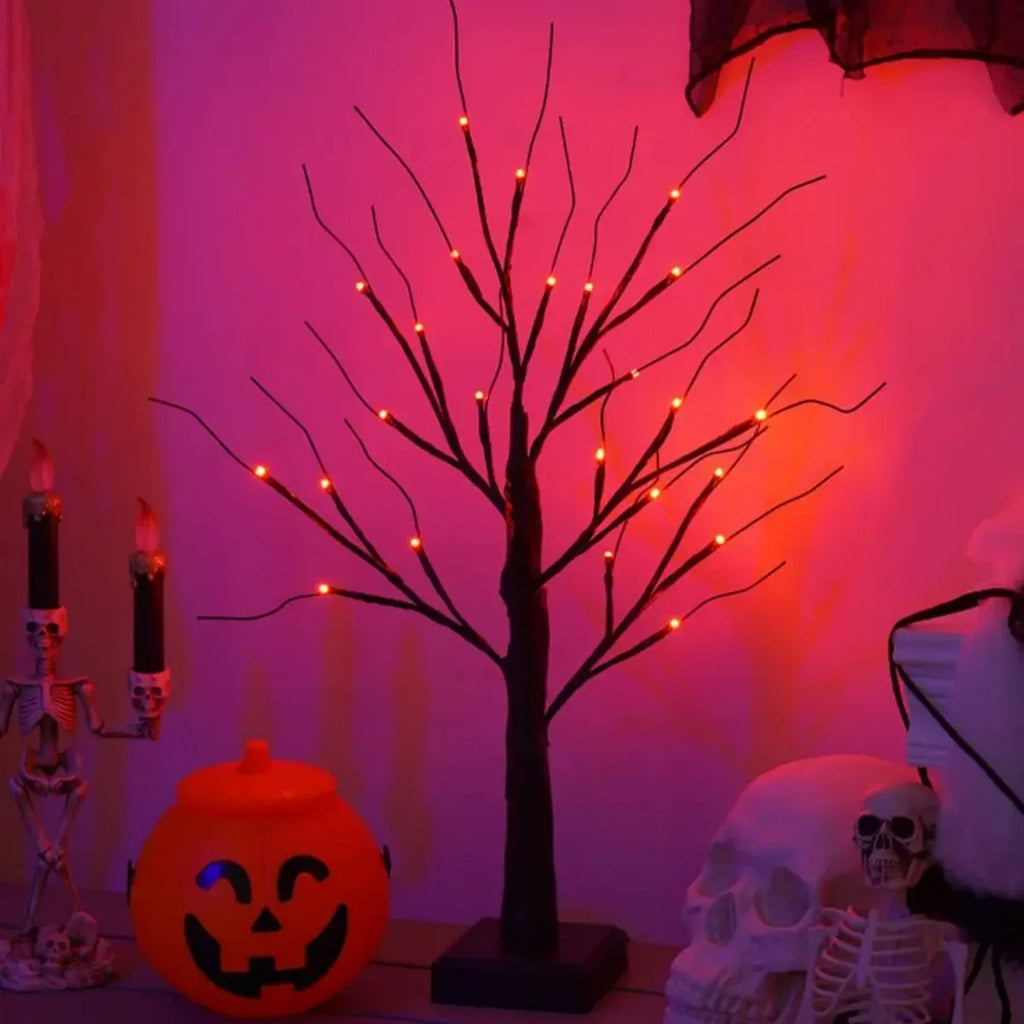 1 Piece 24 LED Orange and Purple Lighted Halloween Artificial Birch Tree Light DIY Black Twig Lights Tabletop Halloween Spooky