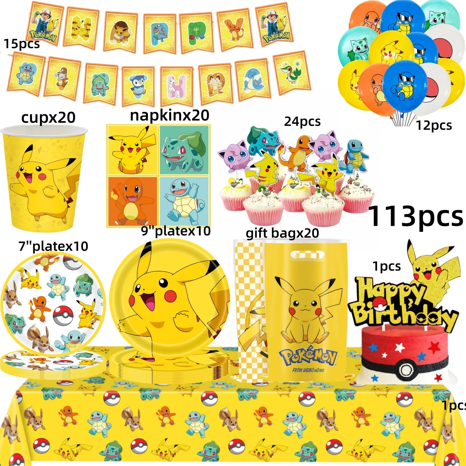 Pokémon Party Set – Pikachu Partygeschirr mit Tellern, Bechern, Servietten & Deko
