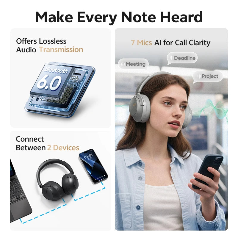 QCY H3S -56dB Adaptive ANC Over-Ear Headphones Hi-Res LDAC Spatial Sound Wireless Headphones Bluetooth 6.0 Dual Driver 102H Headset
