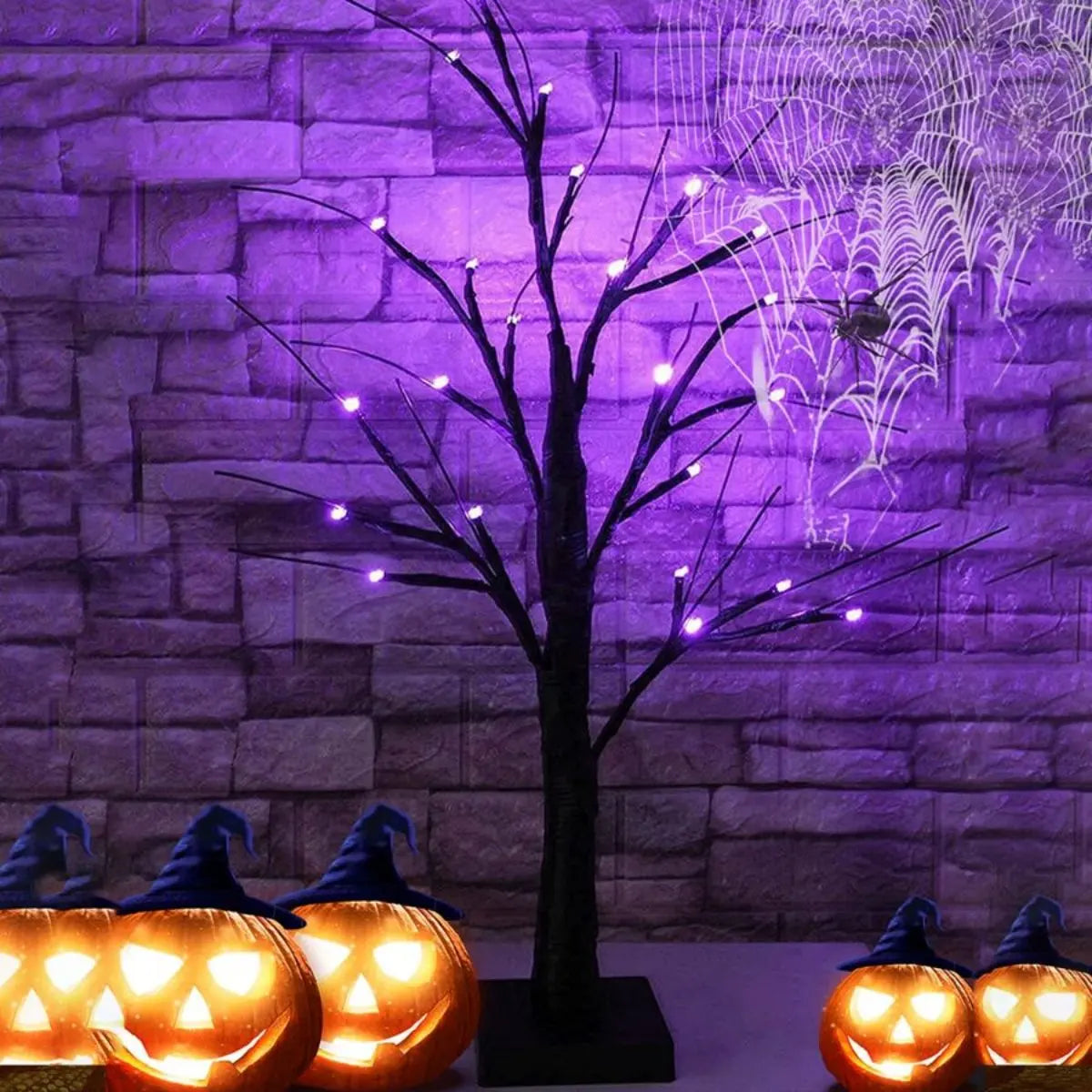 Halloween LED Birkenbaum Licht – 24 LEDs, Orange & Lila, Batteriebetrieben, Tischdeko