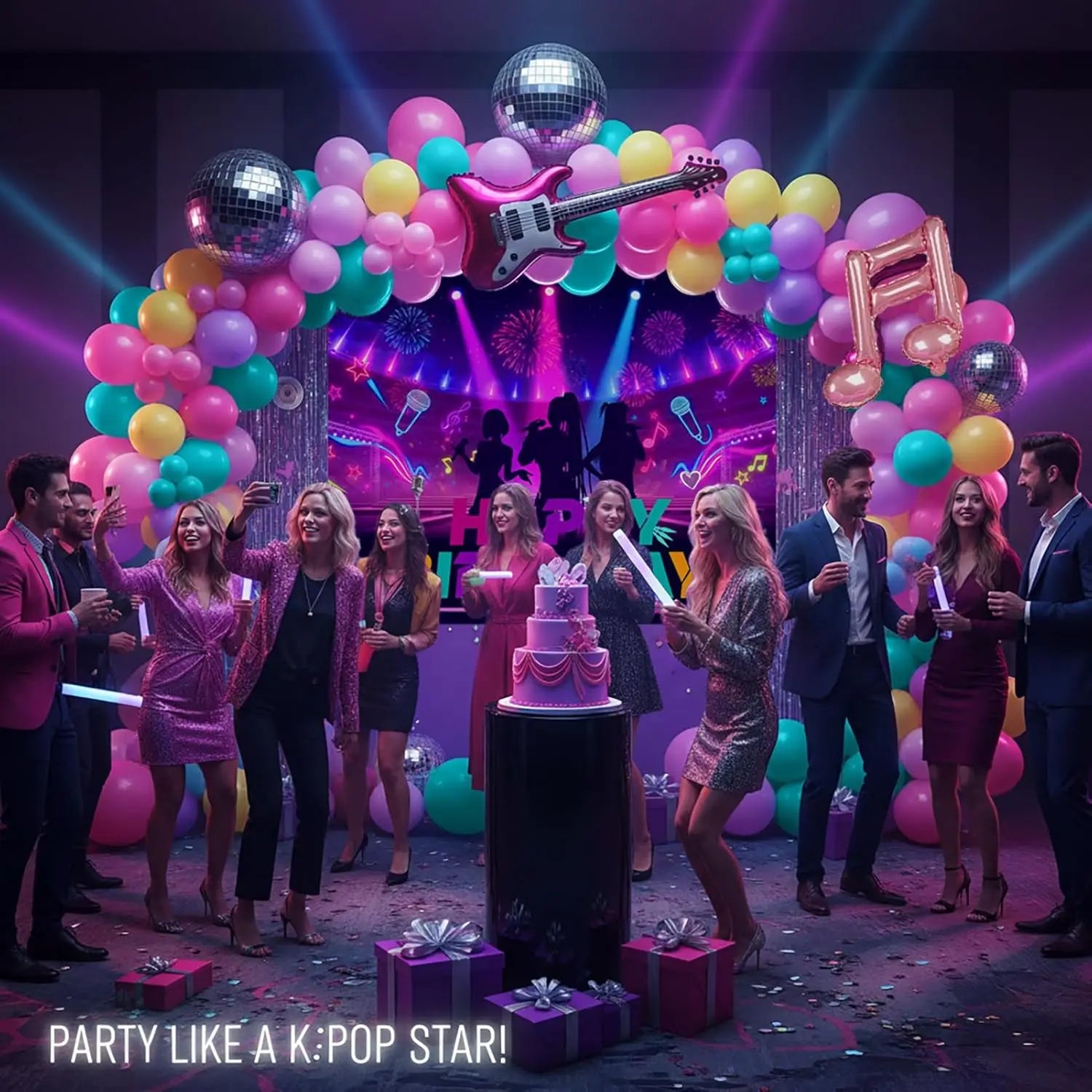 Kpop Geburtstagsdeko Set 139-teilig – Ballons, Sterne & Disco | Rosa, Lila & Türkis
