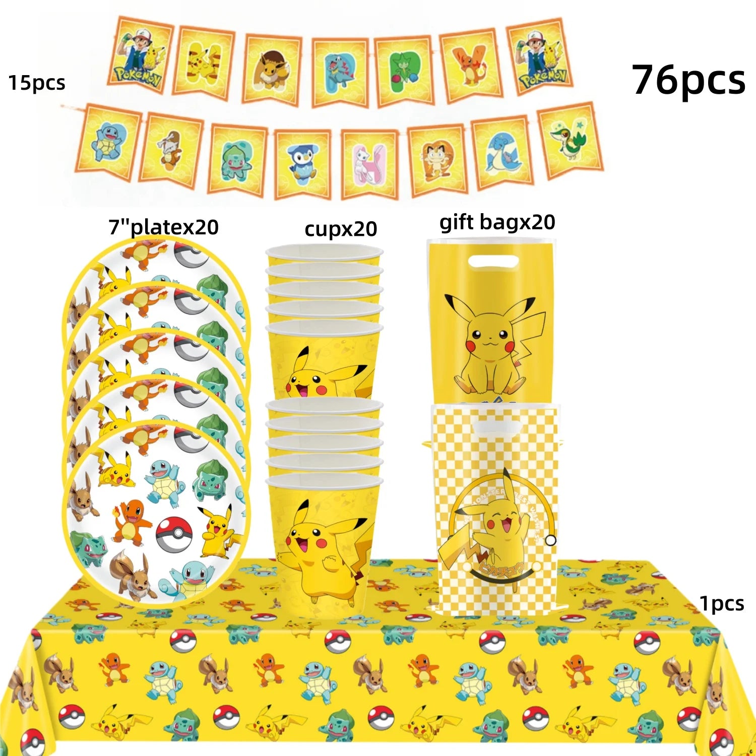 Pokémon Party Set – Pikachu Partygeschirr mit Tellern, Bechern, Servietten & Deko