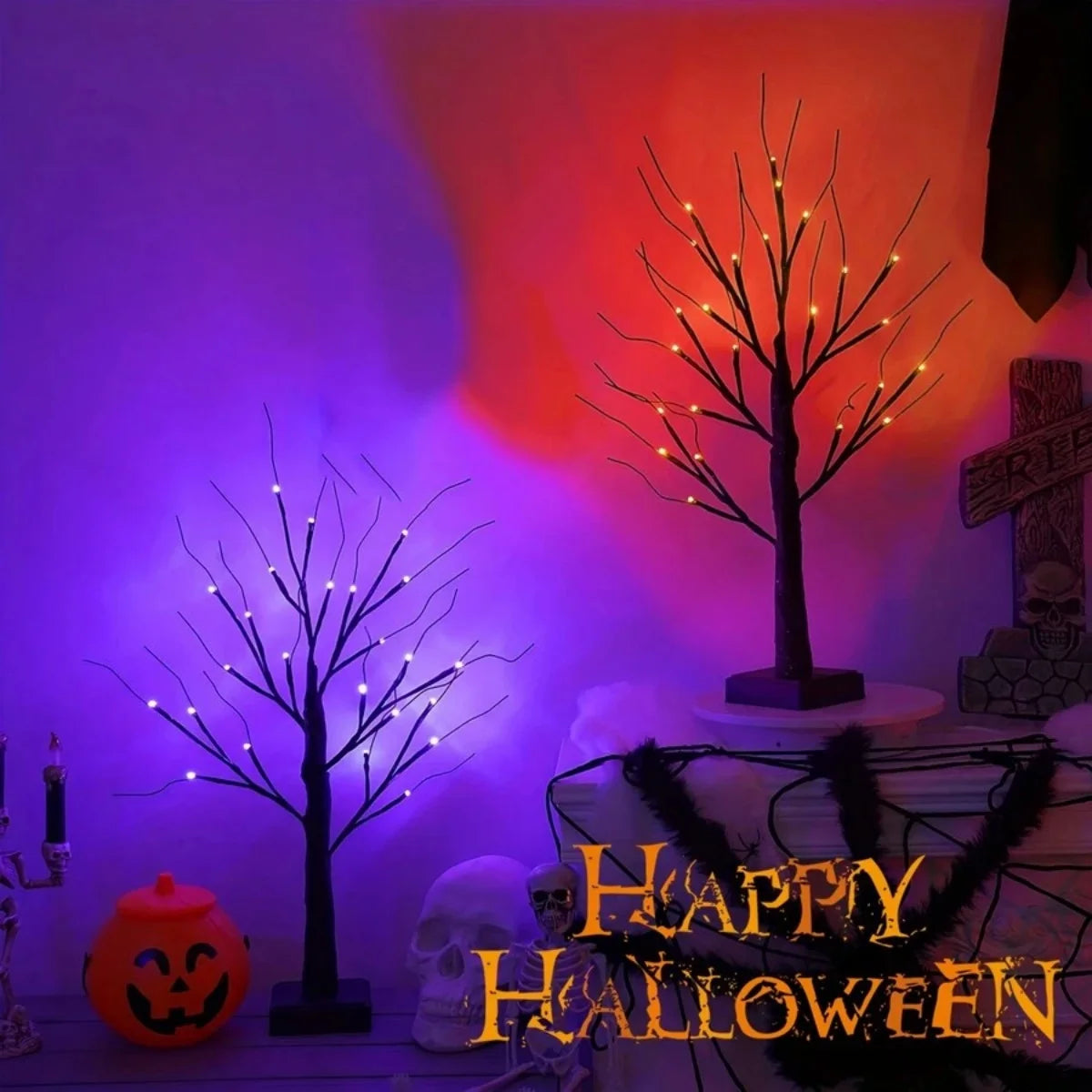 Halloween LED Birkenbaum Licht – 24 LEDs, Orange & Lila, Batteriebetrieben, Tischdeko