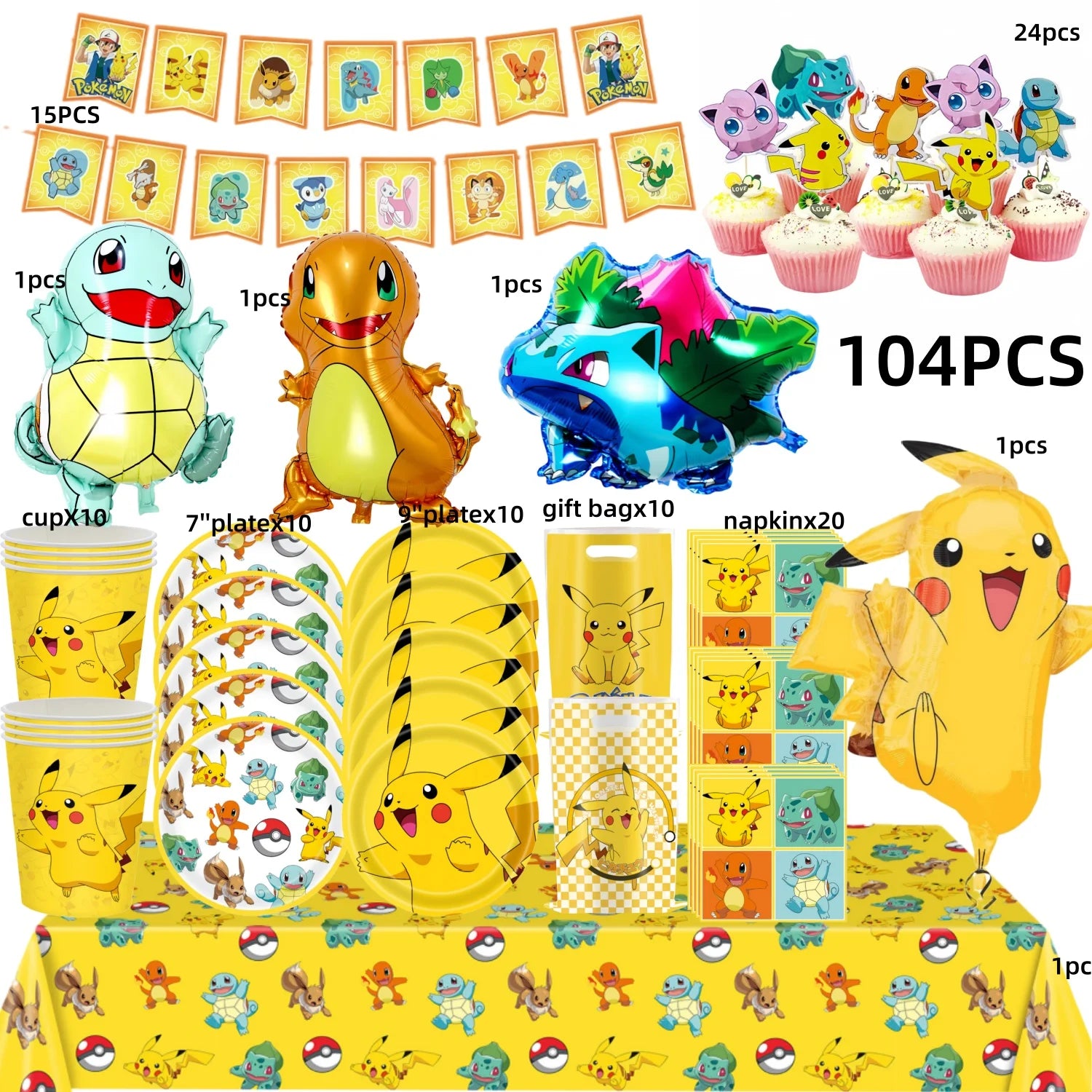 Pokémon Party Set – Pikachu Partygeschirr mit Tellern, Bechern, Servietten & Deko