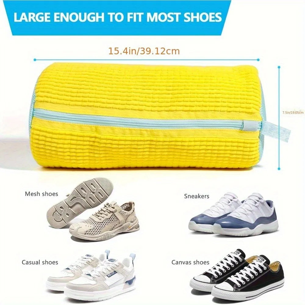 1 piece durable shoe washing machine bag for all shoe types - yellow with blue zipper, oval laundry bag with rich lint I