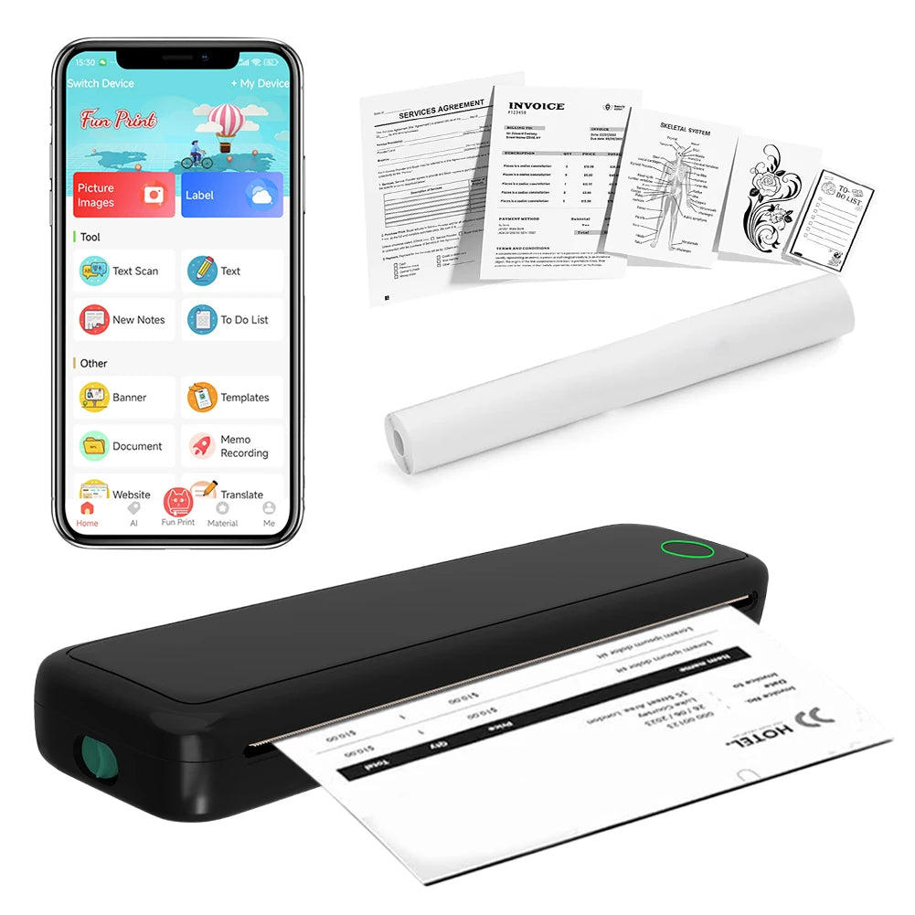 New Portable Mini A4 Printer Inkless Printing, A4 Thermal Printer for Phone, PC, Tattoo Transfer Printer or 5pcs Thermal Paper Rolls