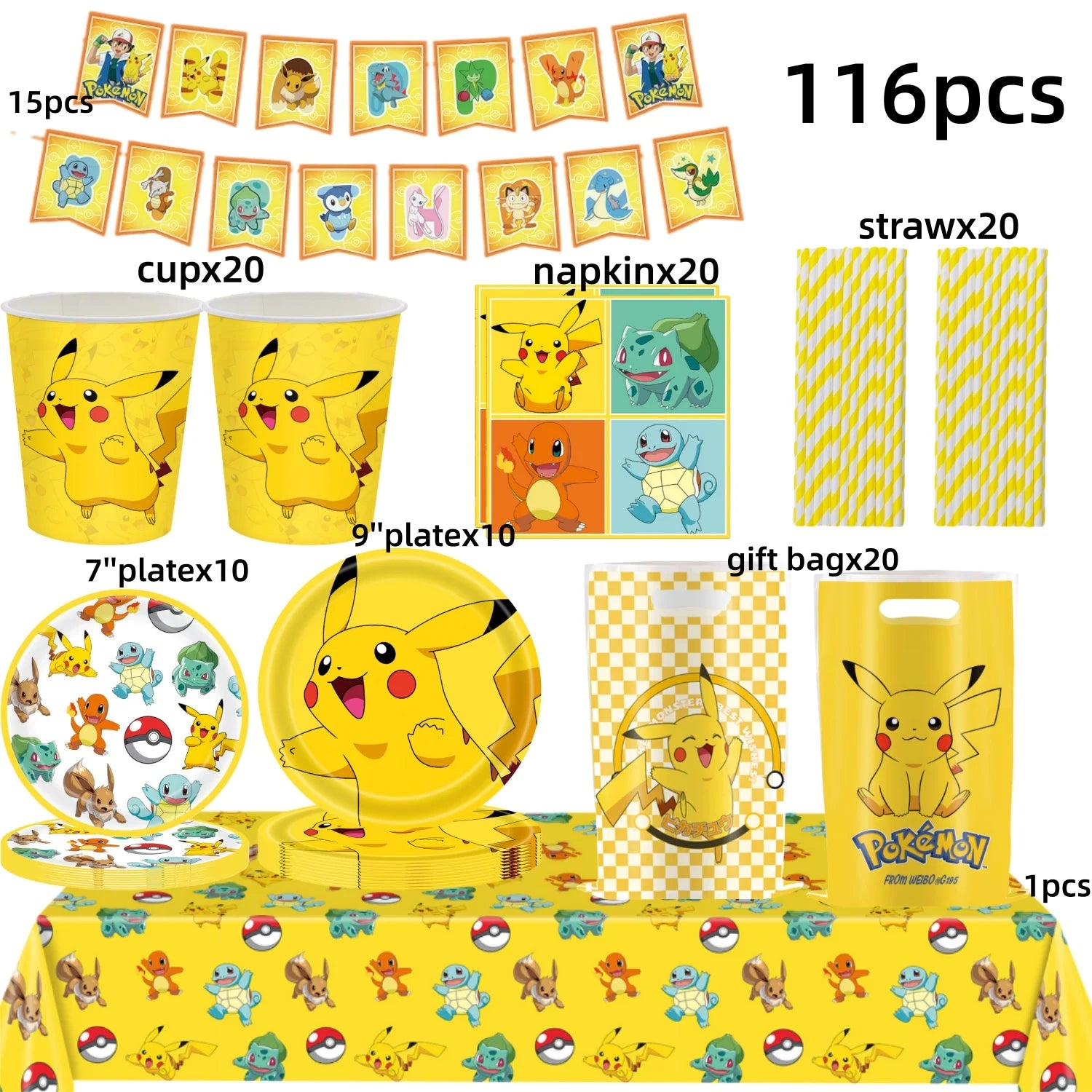 Pokémon Party Set – Pikachu Partygeschirr mit Tellern, Bechern, Servietten & Deko